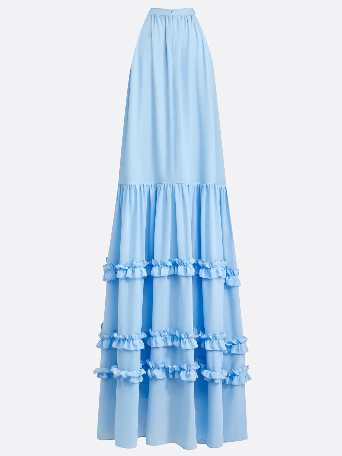 Blue Ruffled Chiffon Halter Sleeveless A-Line Maxi Dress