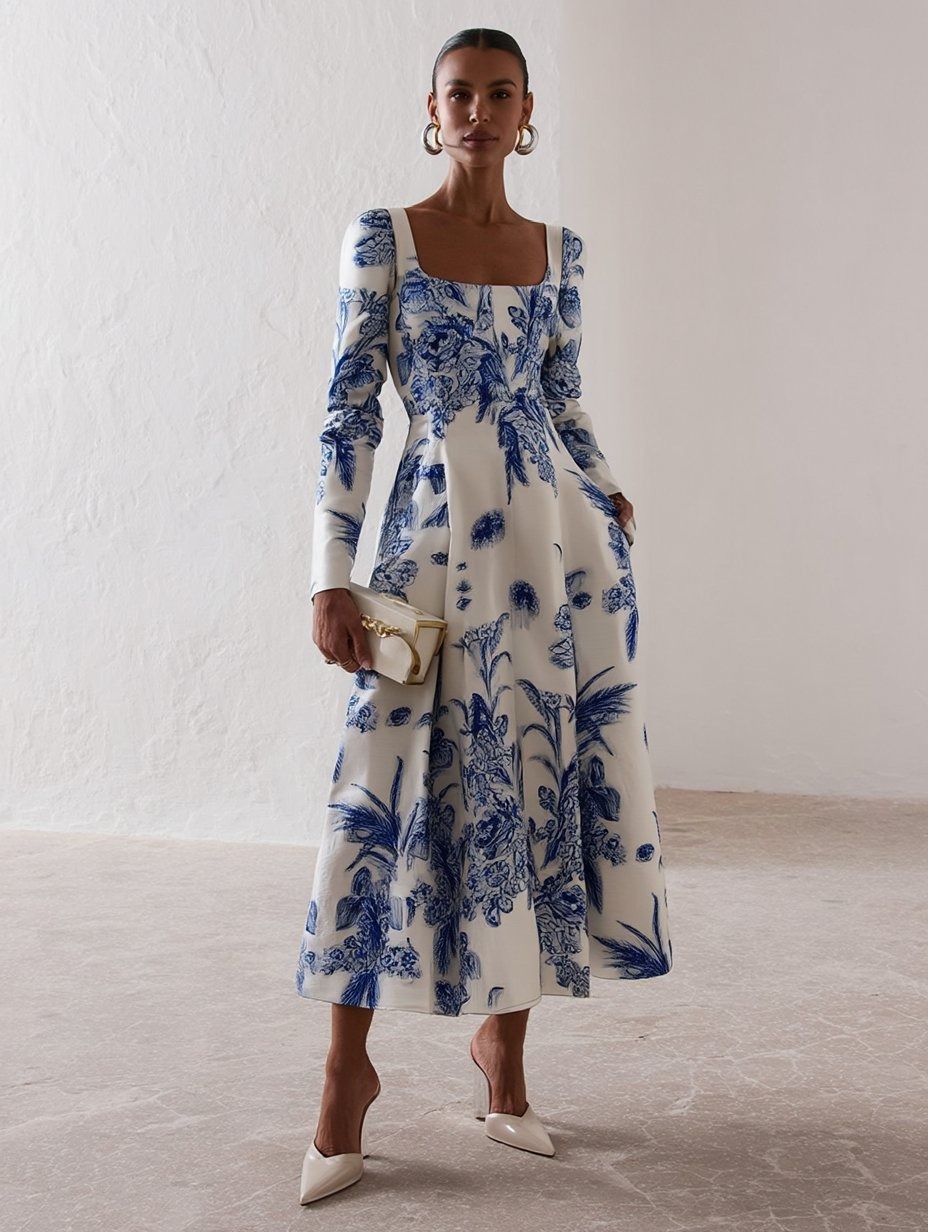 Blue Floral Classic Square Neck Long Sleeve A-Line Midi Dress