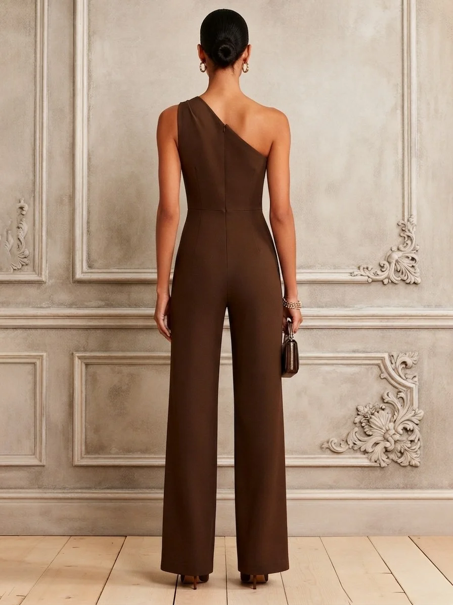 Women Brown 3D Floral One Shoulder Sleeveless Elegant Jumpsuit