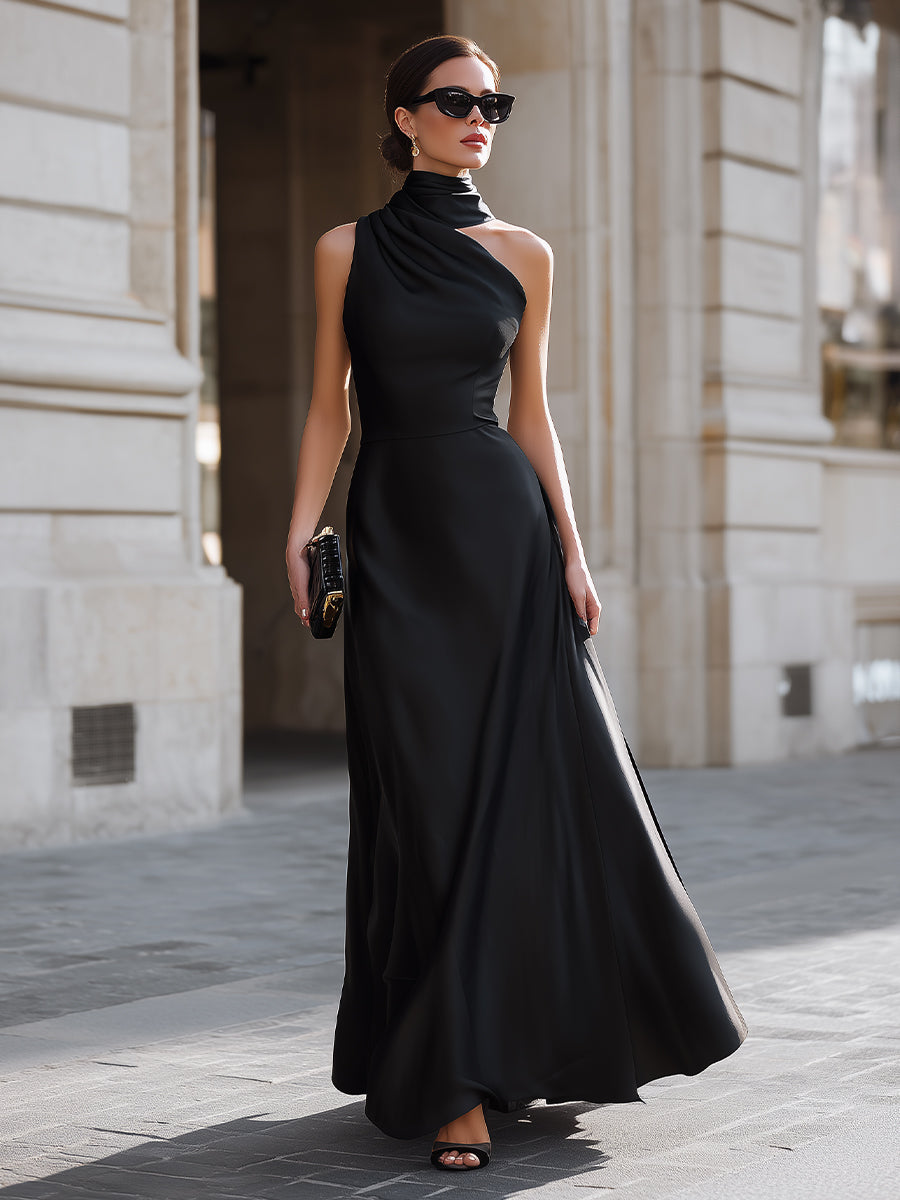 Black One-Shoulder Draped High-Neck Maxi Dress