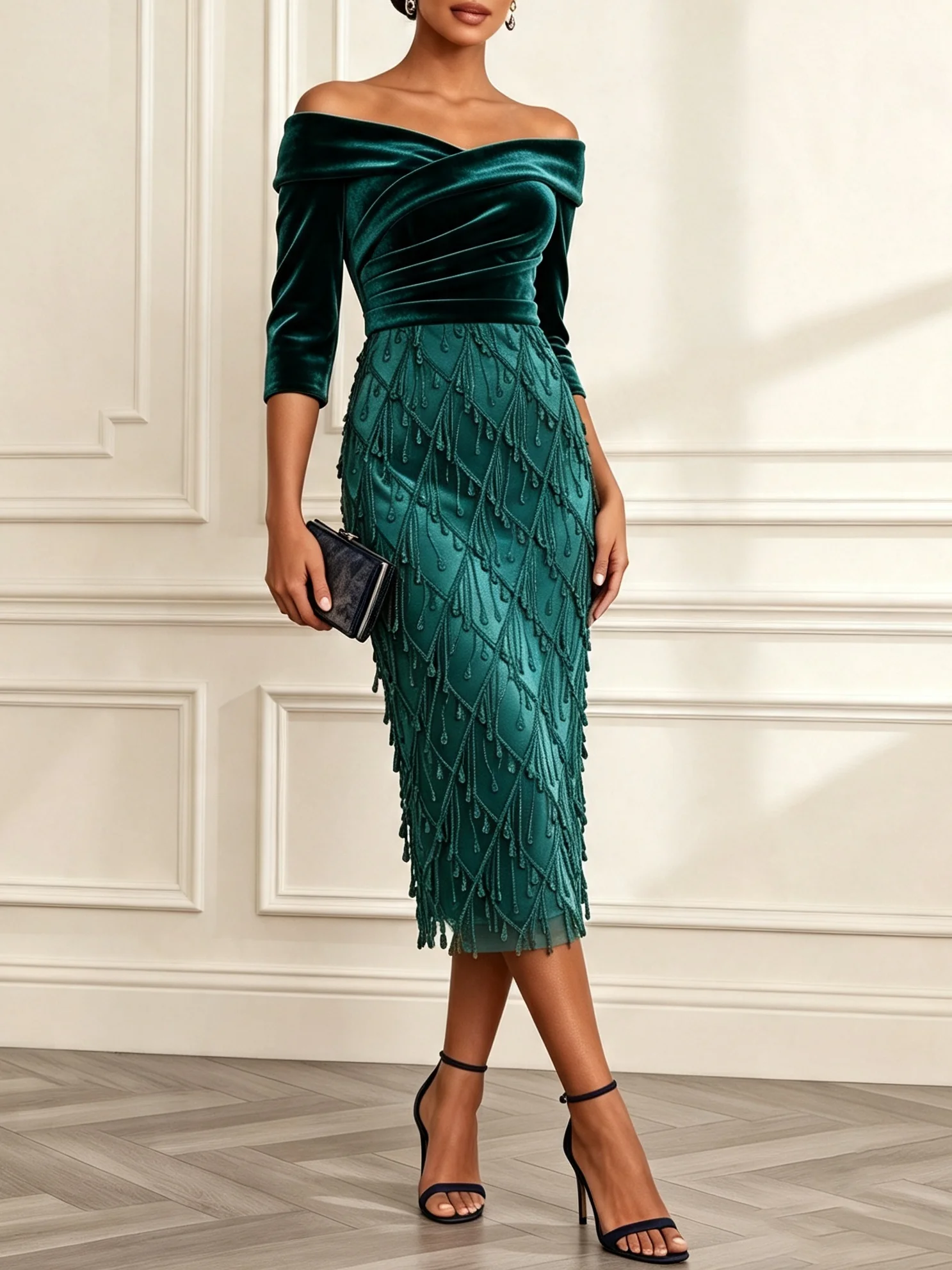 Green Tassel Velvet Off The Shoulder Three Quarter Sleeve Sheath Midi Dress