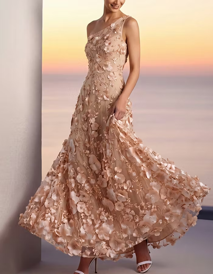 Champagne One-Shoulder Lace 3D Floral Maxi Dress