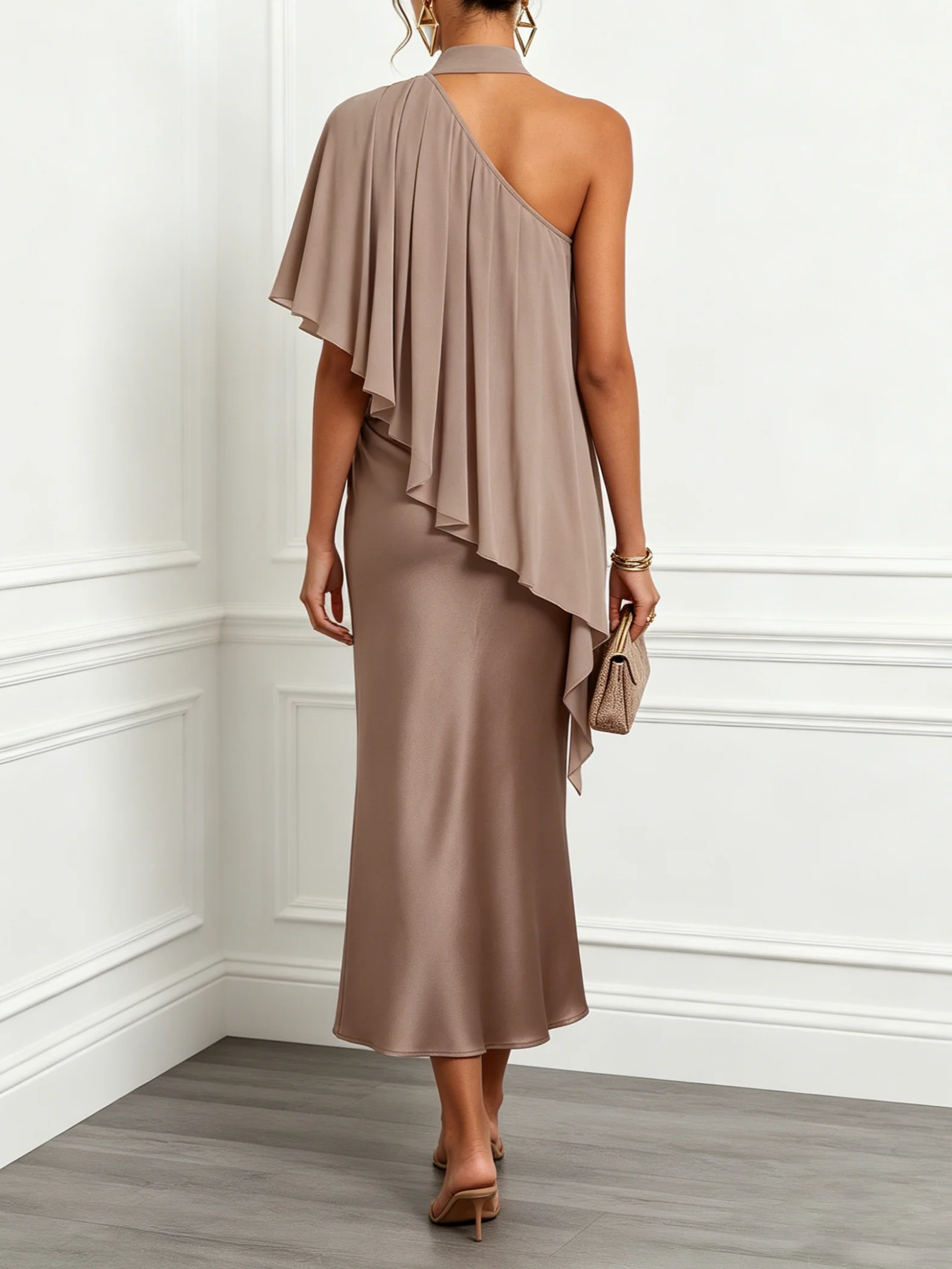 Brown Ruched Satin Halter Neck Sleeveless Mermaid Midi Dress