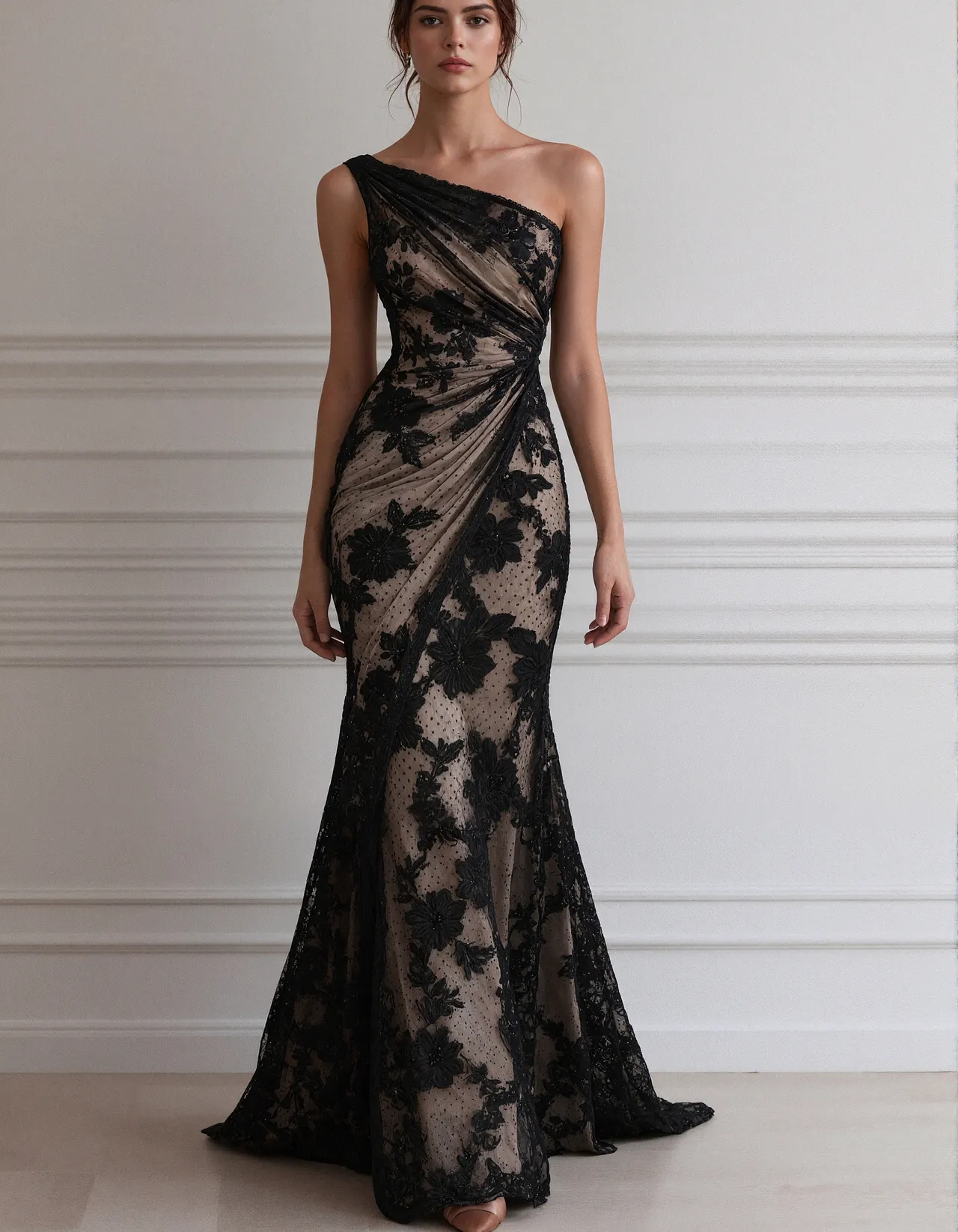 Black Lace One Shoulder Mermaid Style Maxi Dress