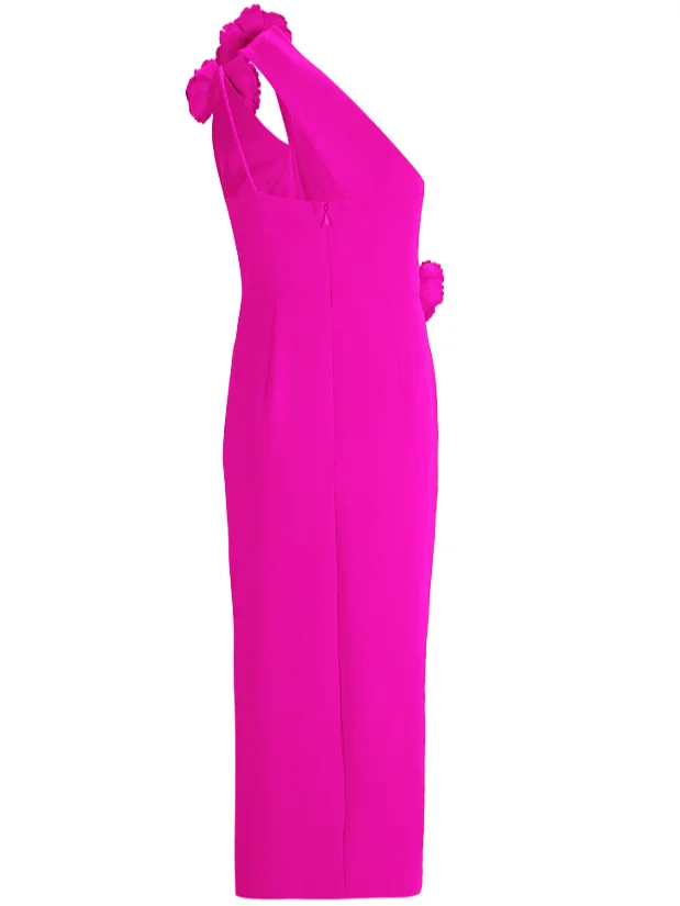 Red 3D Floral One-Shoulder Sheath Midi Dress