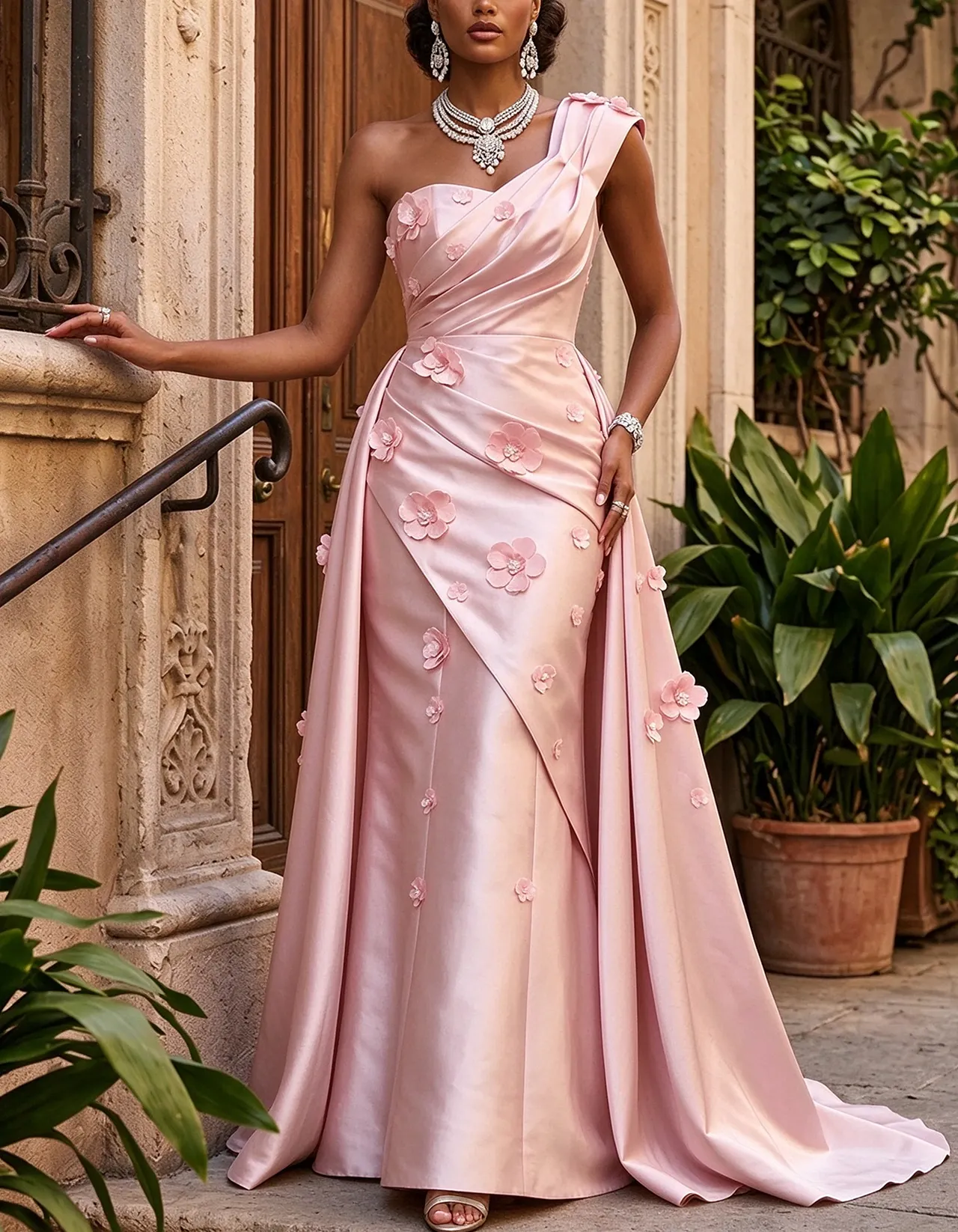 Light Pink Satin One Shoulder 3D Floral Applique Maxi Dress