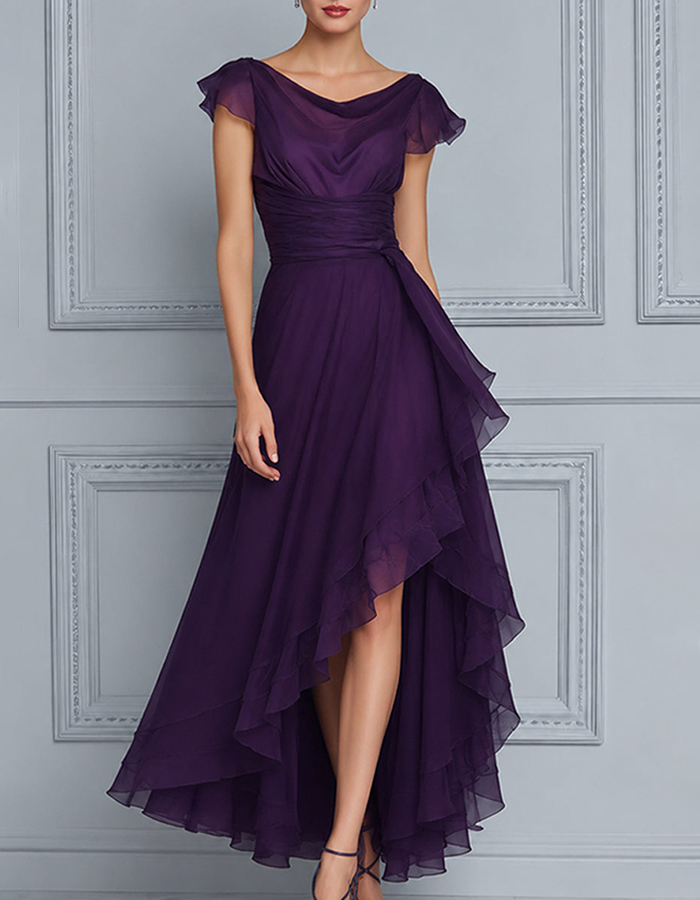 Deep Purple Cowl Neck Flutter Sleeve Chiffon High-Low Maxi Dress