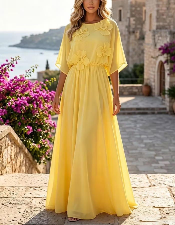 Yellow Round Neck 3D Flower Batwing Sleeve Chiffon Maxi Dress