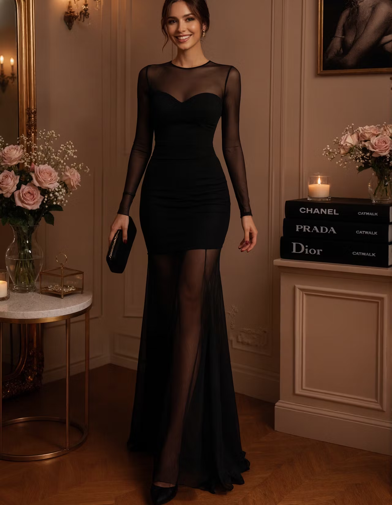 Black Crew Neck Long Sleeved Slim Fit Maxi Dress