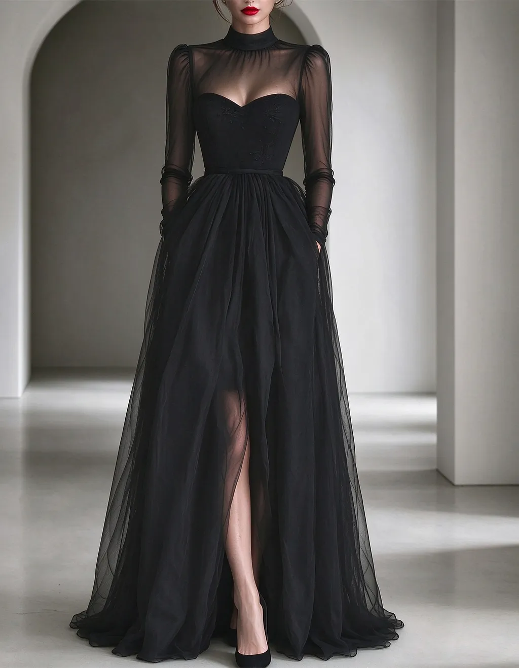 Black Sheer Tulle A-line Maxi Dress