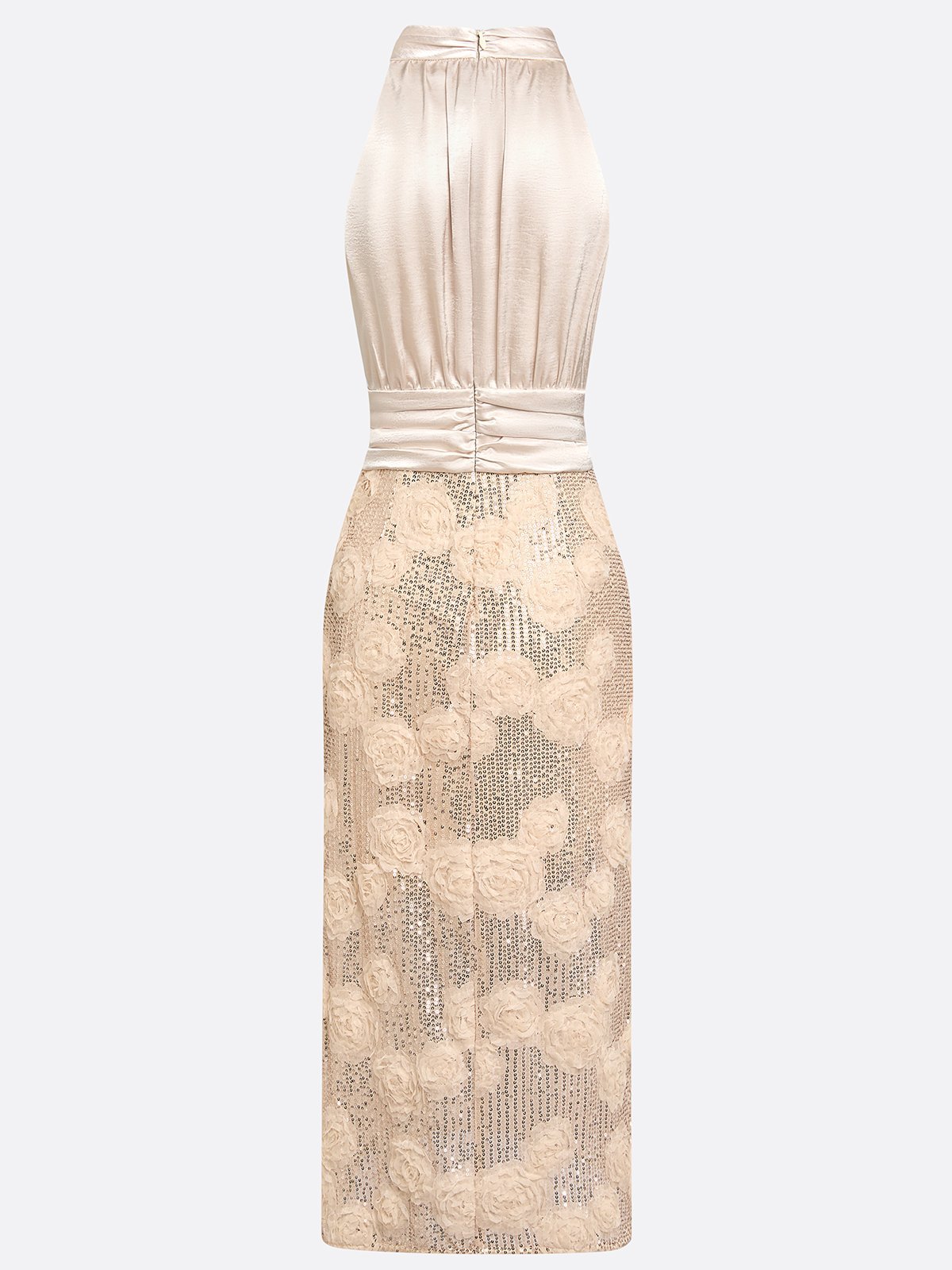 Champagne 3D Floral Glitter Classic Mock Neck Sleeveless A-Line Midi Dress