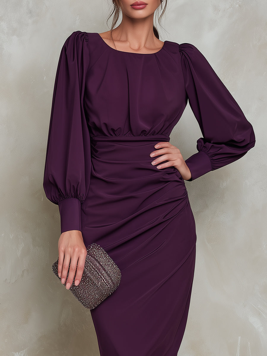 Purple Ruched Waist Puff Sleeve Midi Dress