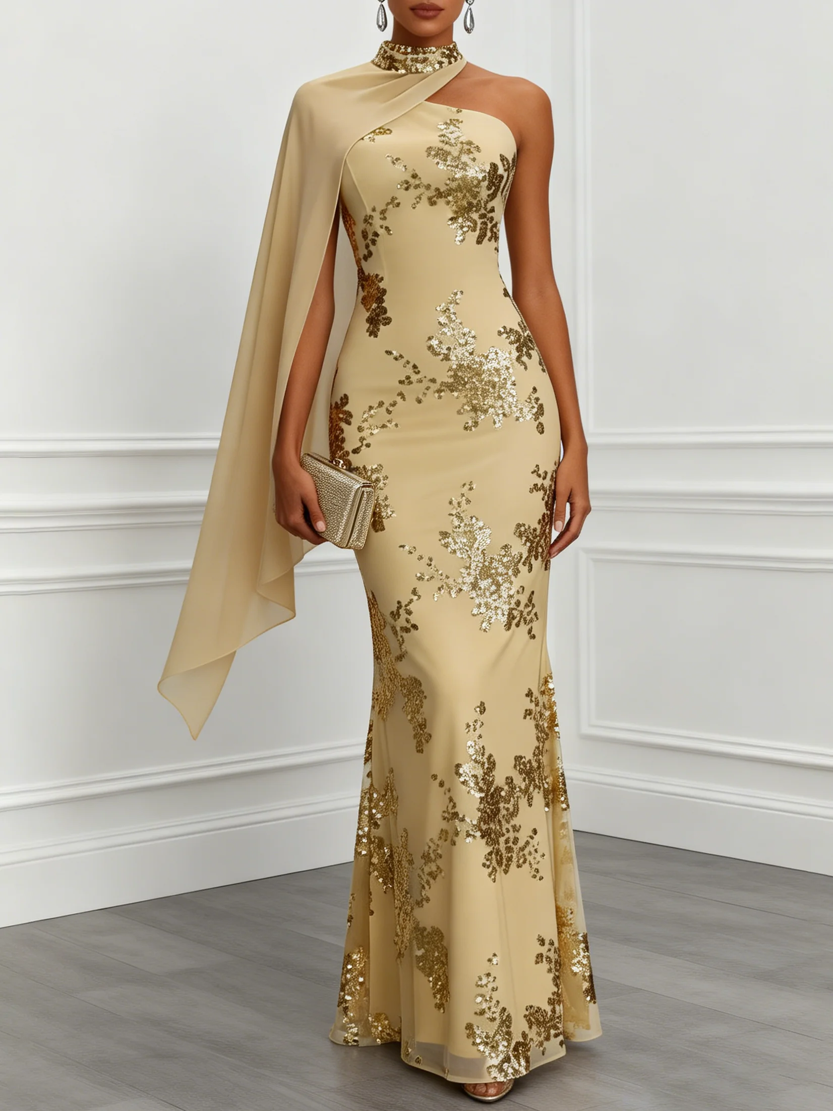 Champagne Glitter Classic One Shoulder Sleeveless Mermaid Floor-length Gown Dress