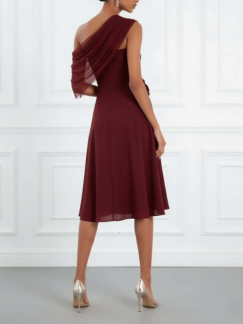 Burgundy 3D Floral Chiffon One Shoulder Sleeveless A-Line Midi Dress