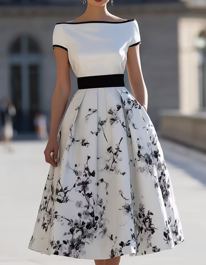 White & Black Floral Print Off-the-Shoulder Satin Midi Dress