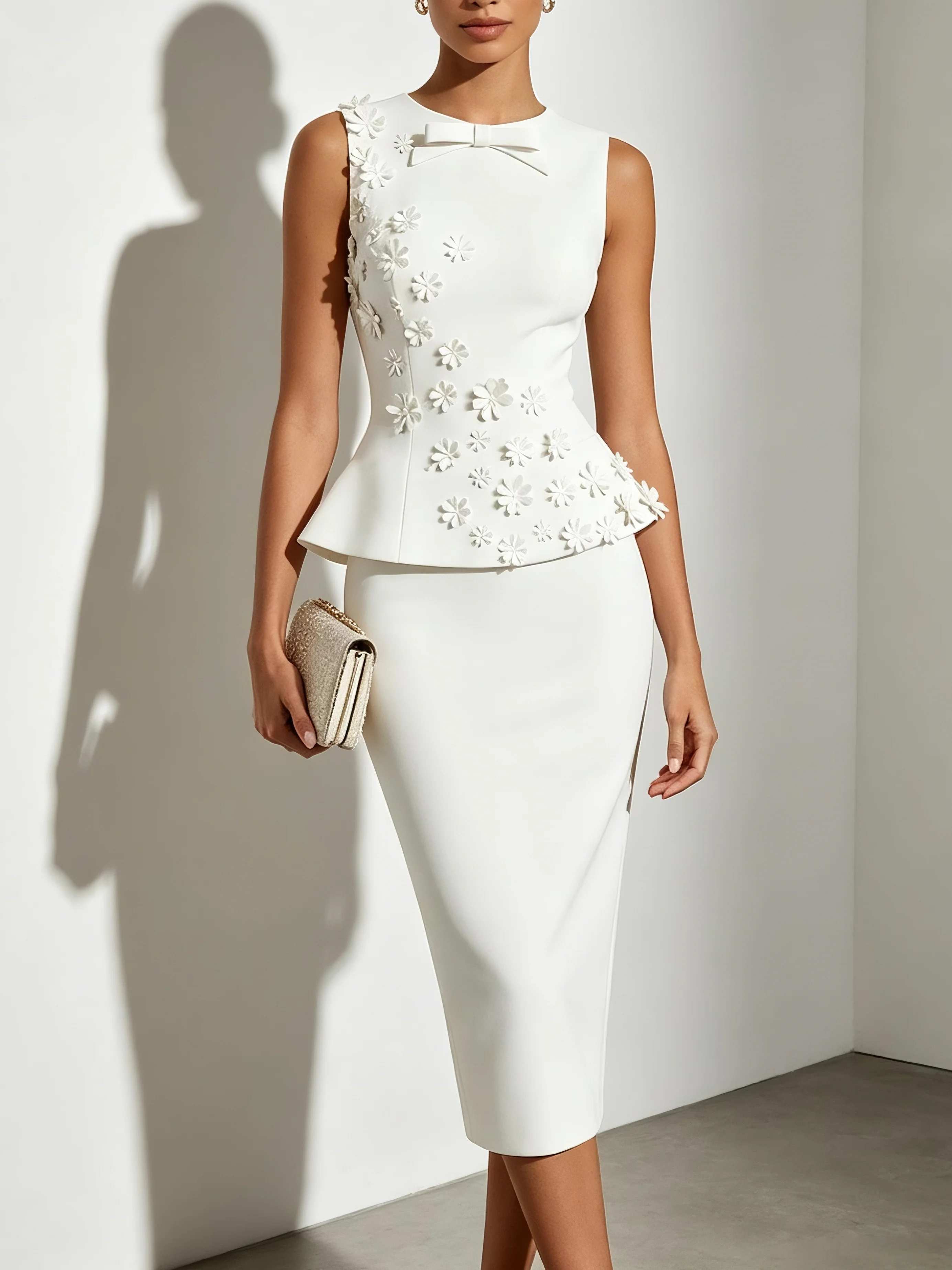 Women White Bow 3D Floral Crew Neck Sleeveless Elegant Top With Skirt Two-Piece Set