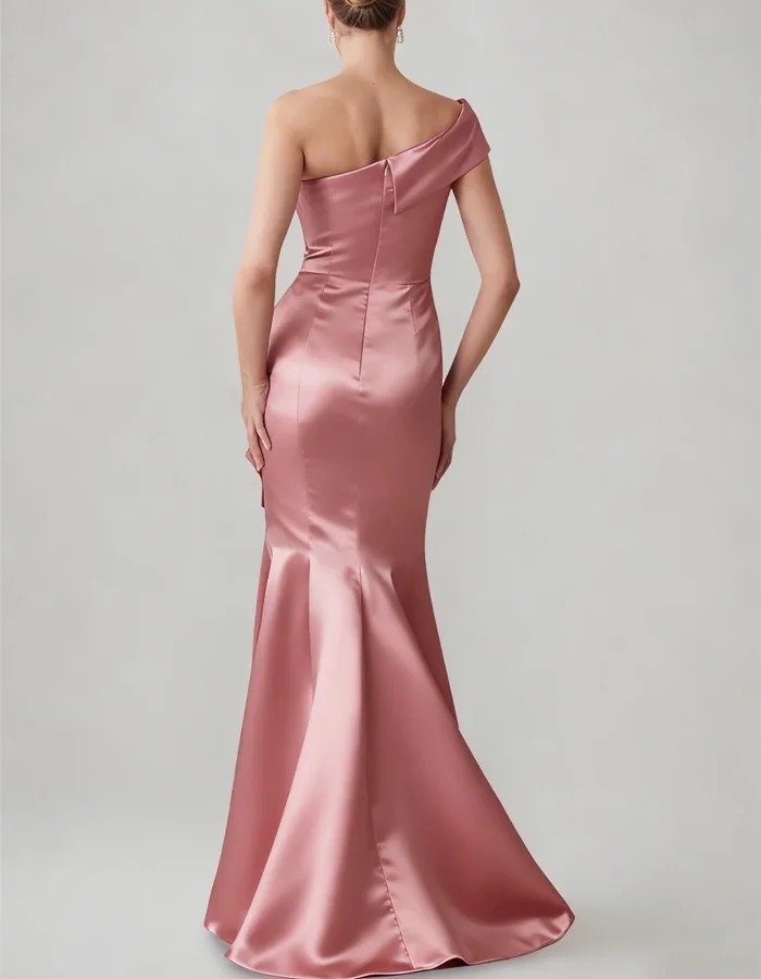Pink One-Shoulder Bow-Tie Satin Maxi Dress