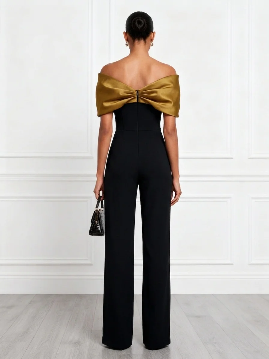 Women Black Split Joint Off The Shoulder Short Sleeve Elegant Jumpsuit