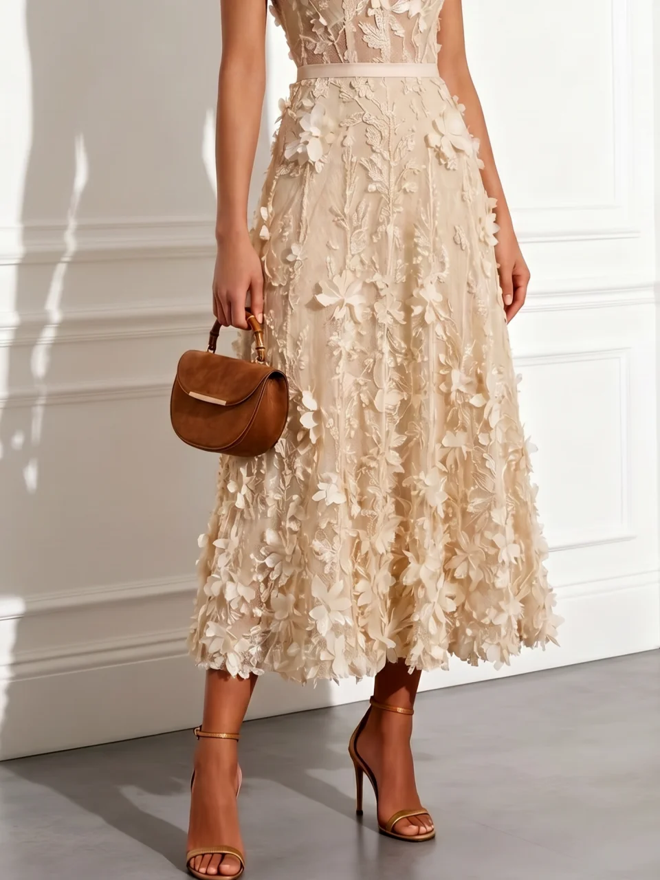 Apricot 3D Floral Lace Mock Neck Sleeveless A-Line Midi Dress