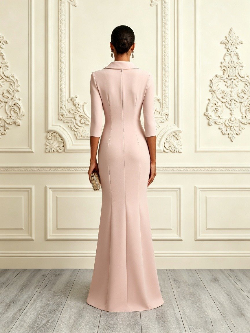 Pink 3D Floral Classic Shawl Collar Half Sleeve Mermaid Gown Dress
