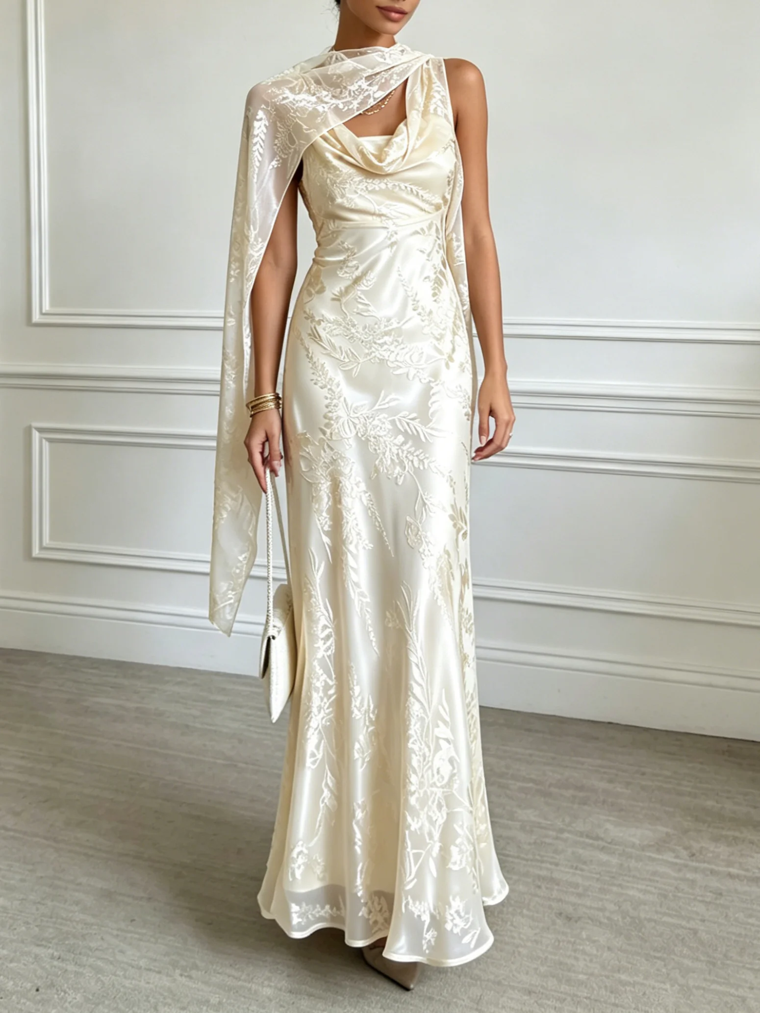 White Jacquard Classic Cowl Neck Sleeveless Mermaid Floor-length Gown Dress