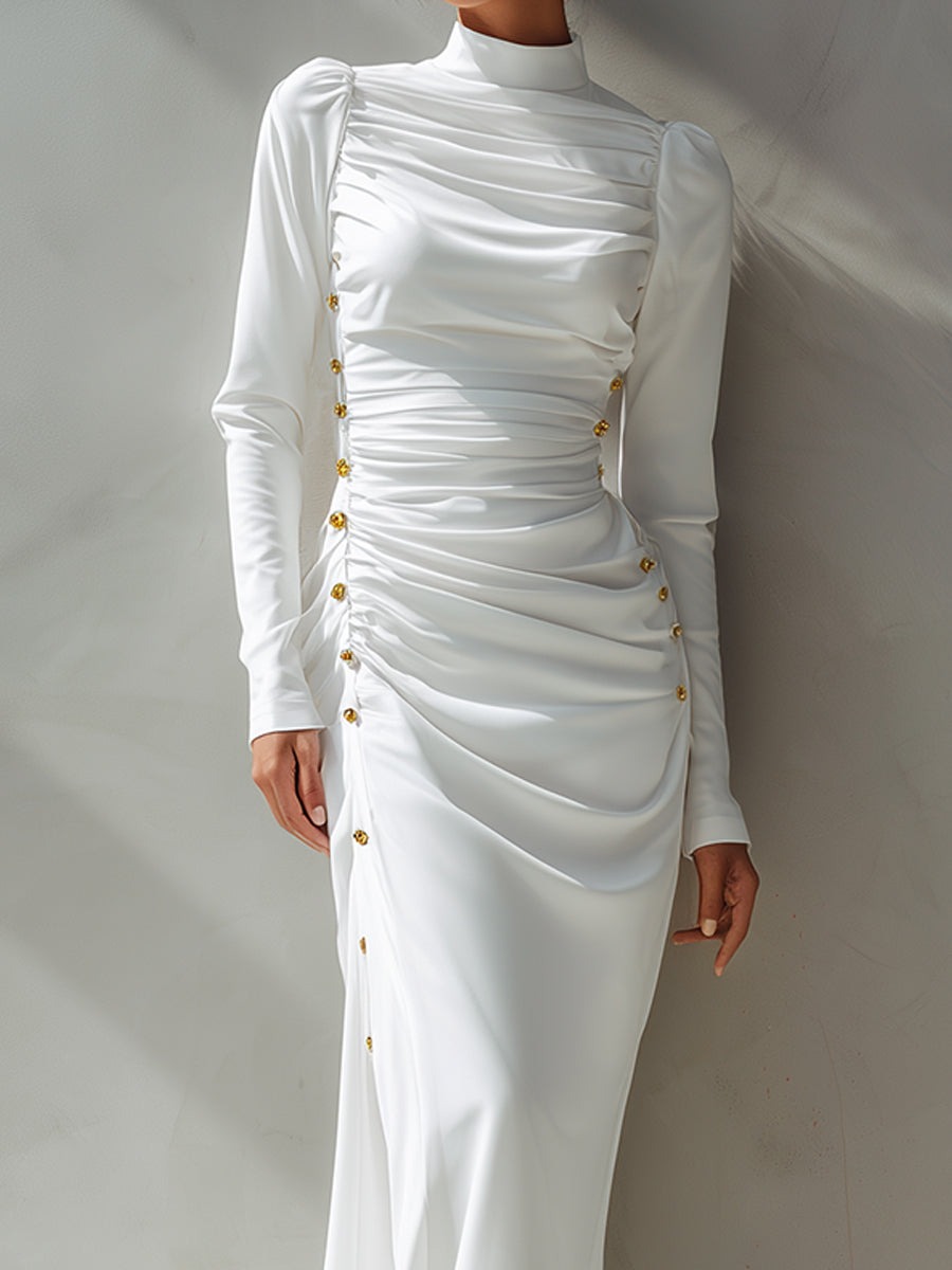 High-Neck Ruched Maxi Gown With Gold-Tone Button Detailing