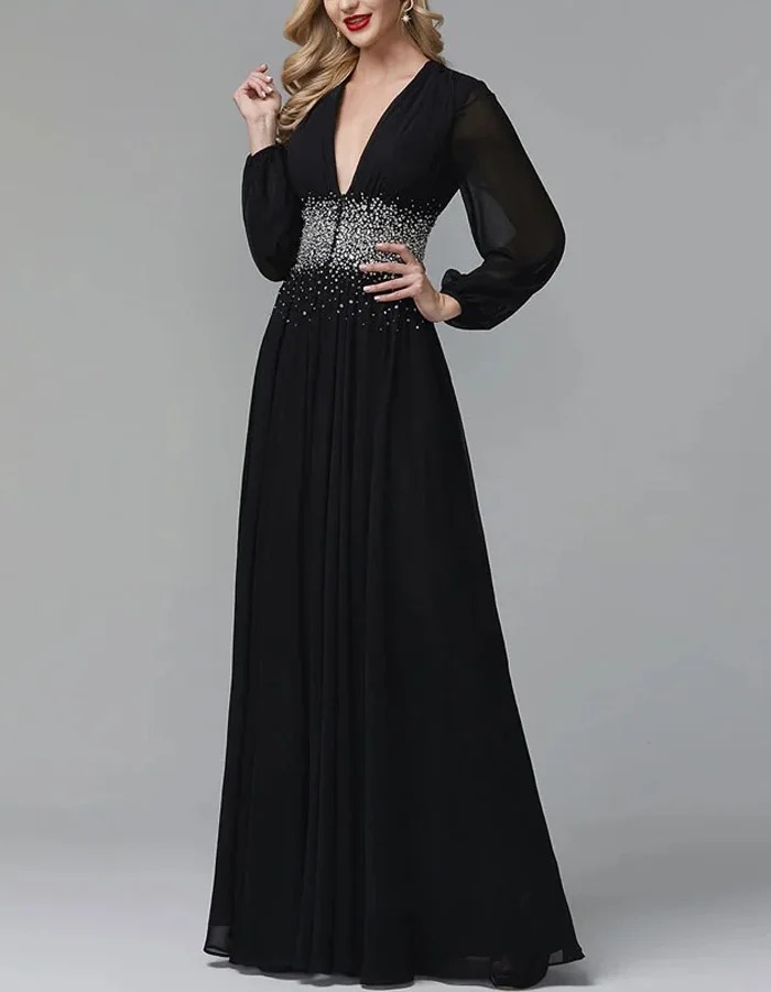 V-neck Solid Color Chiffon Long Sleeves Maxi Dress