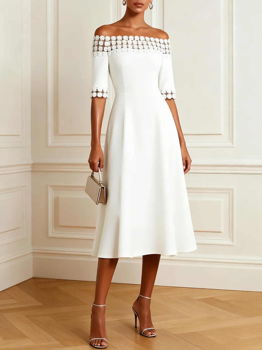 White Lace Classic Off The Shoulder Half Sleeve A-Line Midi Dress