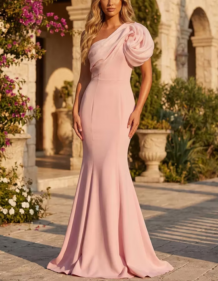 Pink One Shoulder Draped Puff Sleeve Maxi Dress