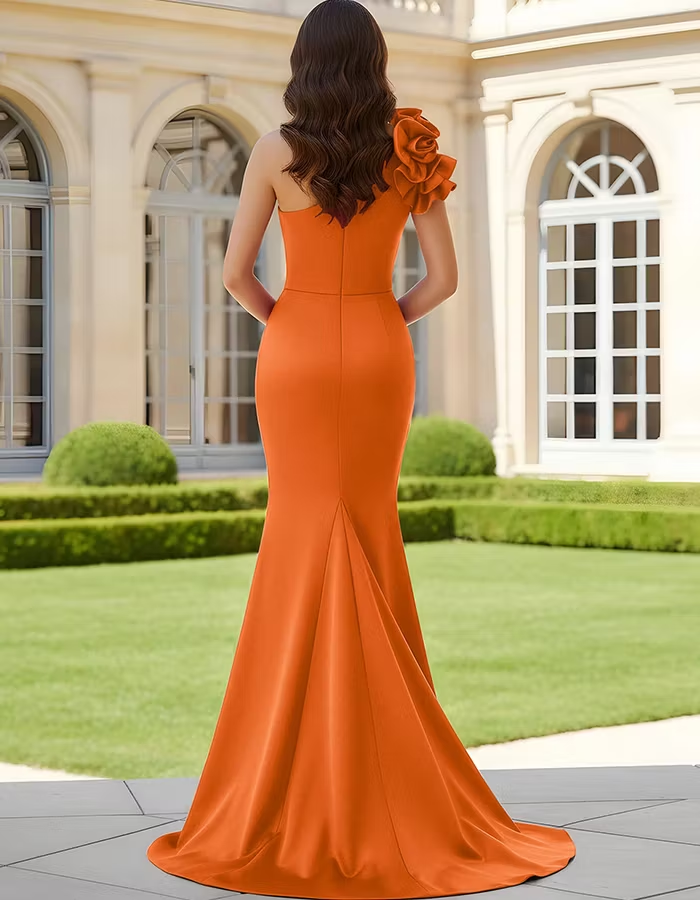 Orange Chiffon One-Shoulder High Slit Maxi Dress