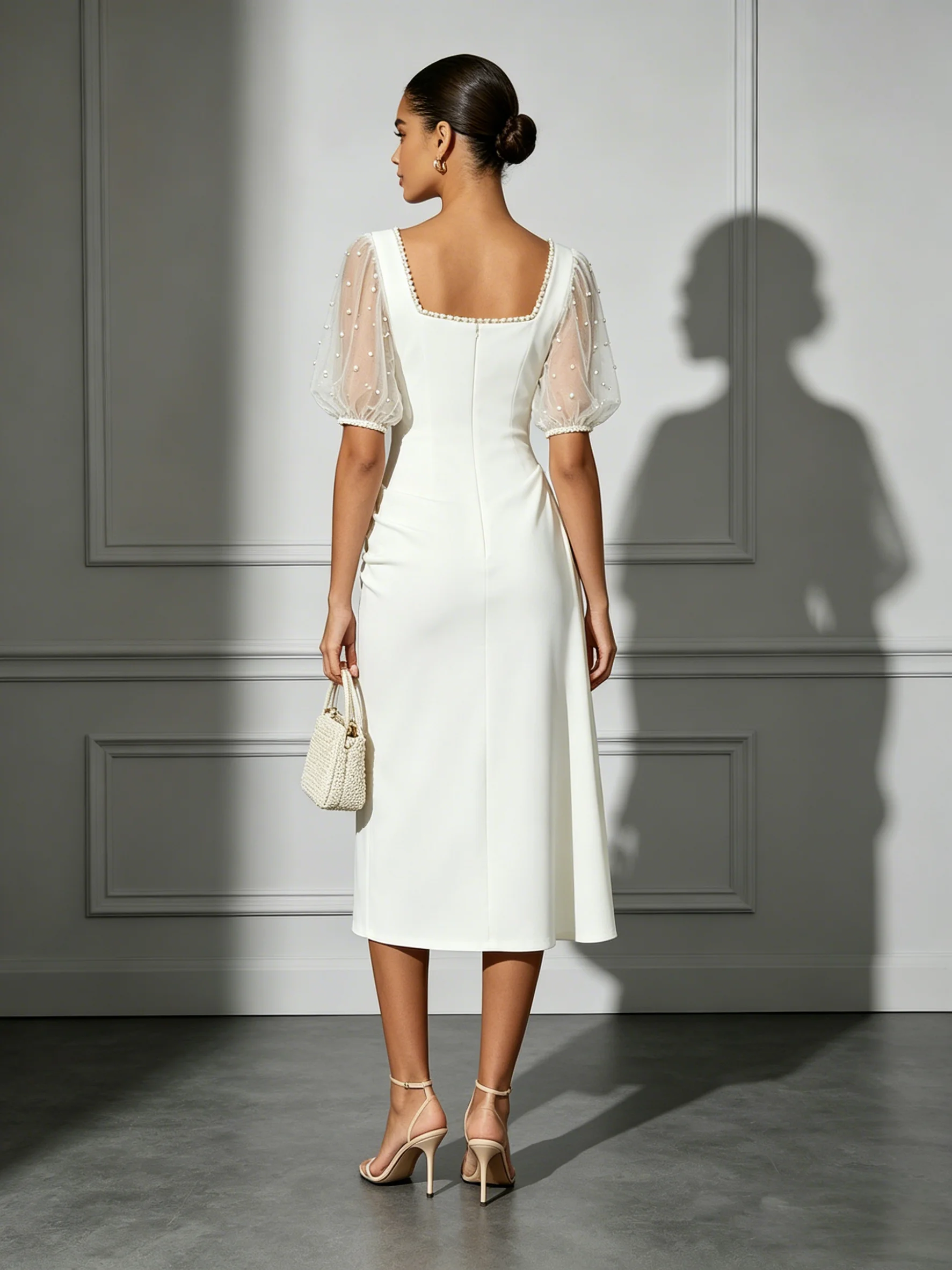 White Faux Pearl Classic Square Neck Short Sleeve Balloon Sleeve H-Line Midi Dress