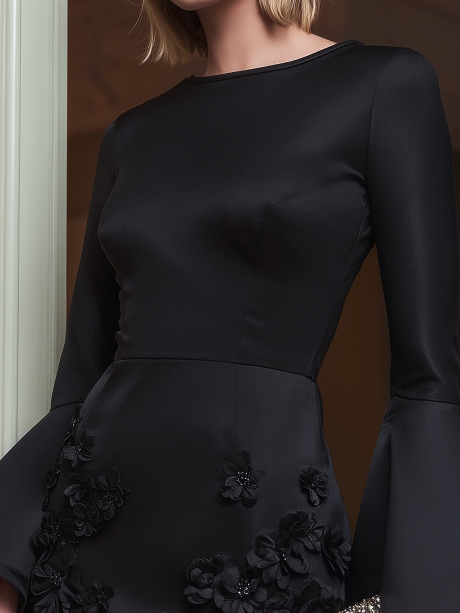 Black Bell-Sleeve Floral Appliqué Mini Dress