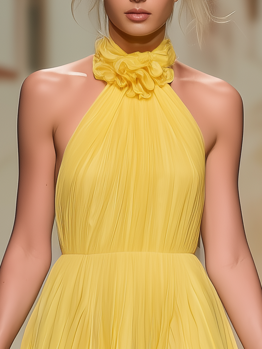 Yellow Casual And Comfortable Halter-neck Sleeveless Chiffon Long Dress