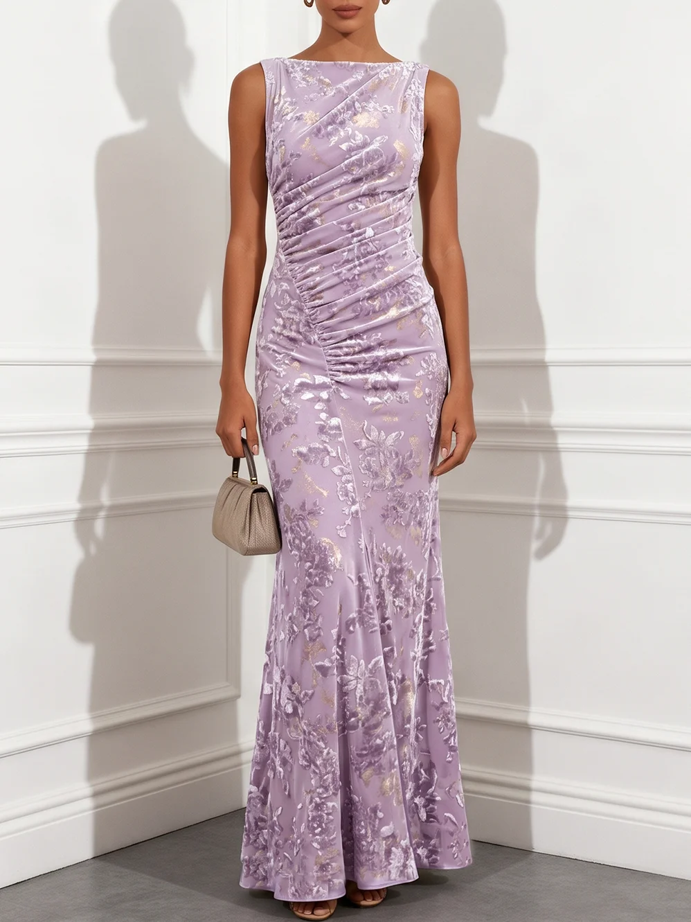 Light Purple Ruched Jacquard Knit Boat Neck Sleeveless Mermaid Floor-length Gown Dress