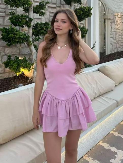 Light‑Pink Spaghetti‑Strap Double‑Tier Ruffle A‑Line Mini Dress