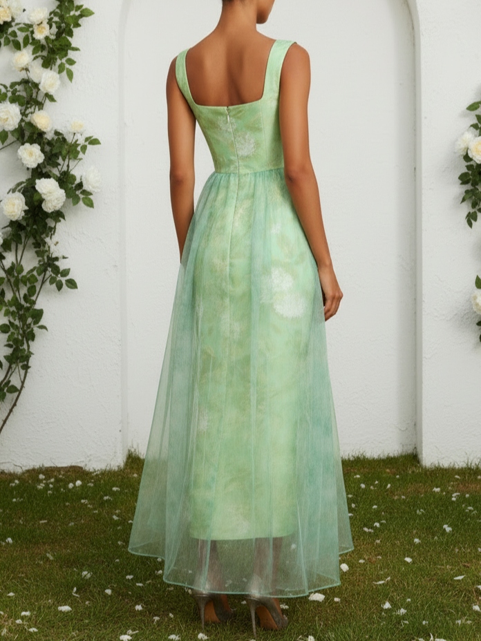 Light Green Floral Split Joint Satin Square Neck Sleeveless A-Line Maxi Dress