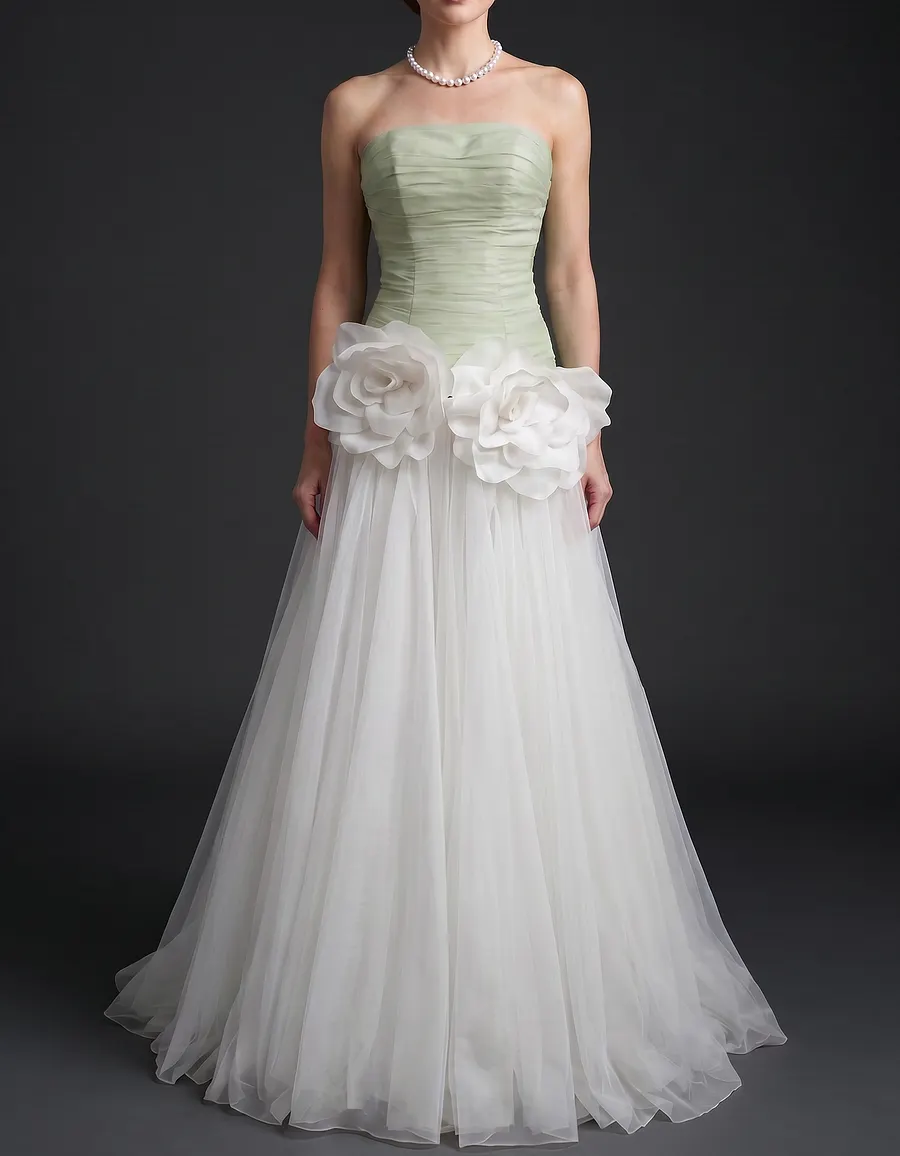 Chiffon Strapless Mesh 3D Floral Cinched Waist Maxi Dress