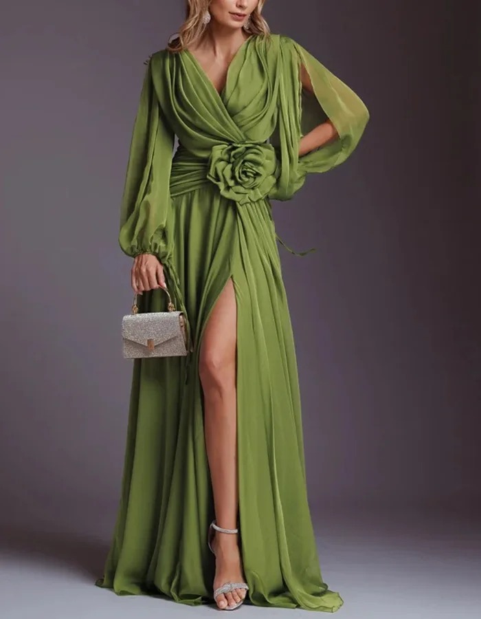 Elegant Green Chiffon Solid Color Long Slit Puff Sleeve Maxi Dress