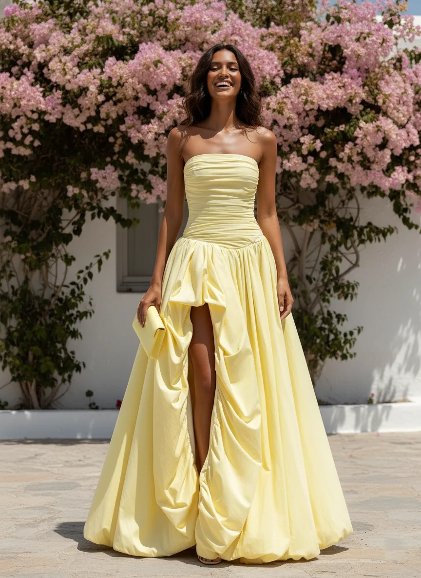 Light Yellow Ruched Classic Strapless Sleeveless A-Line Maxi Dress