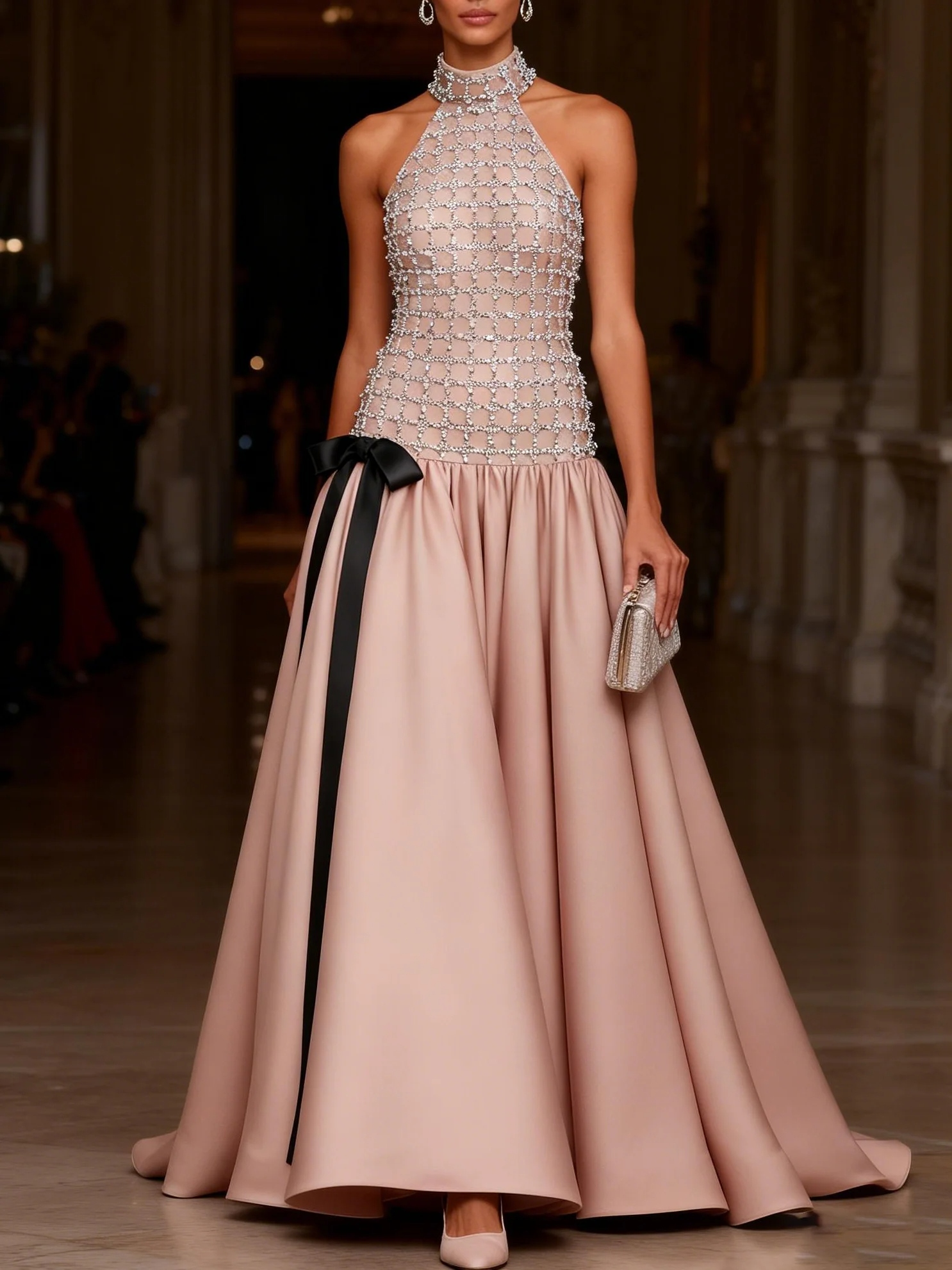 Pink Rhinestone Glitter Satin Halter Sleeveless A-Line Gown Dress