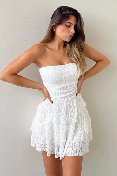 Women White Lace Strapless Tiered Mini Dress Ruched Tube Top A-Line Dress