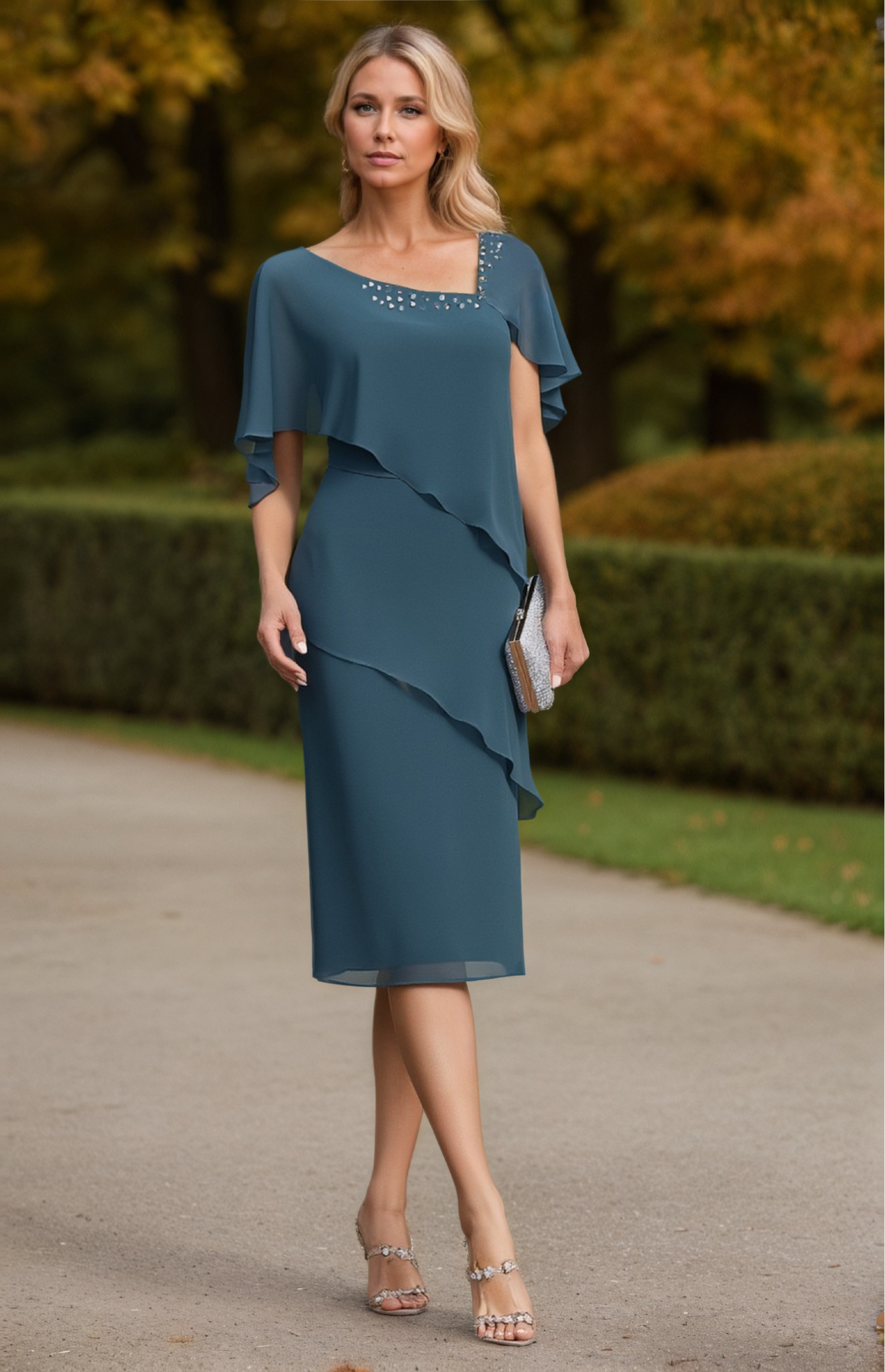 Wedding Dress Blue V Neck Layer Knee-Length Mother of the Bride Dress