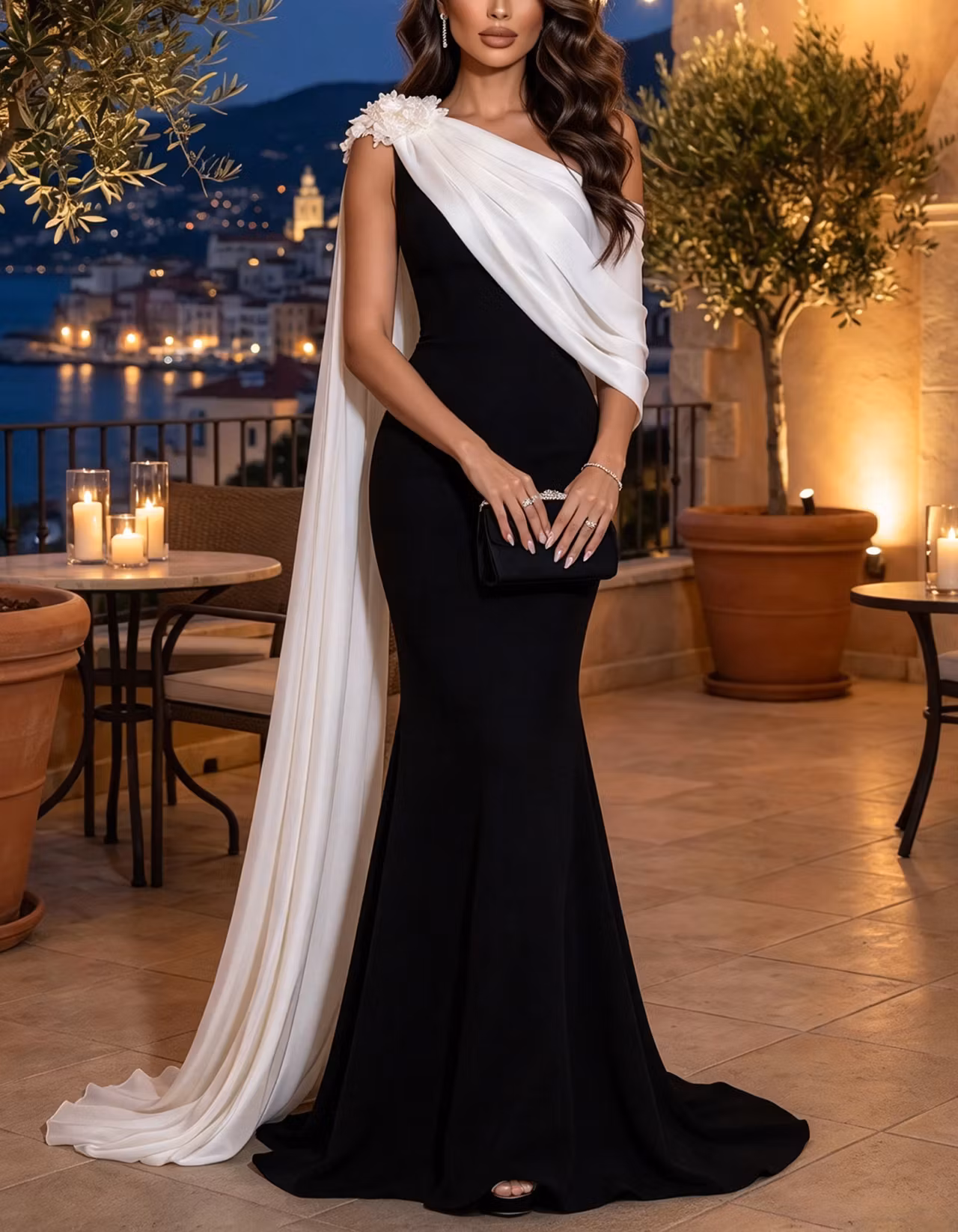 Black White One Shoulder Cape 3D Floral Maxi Dress