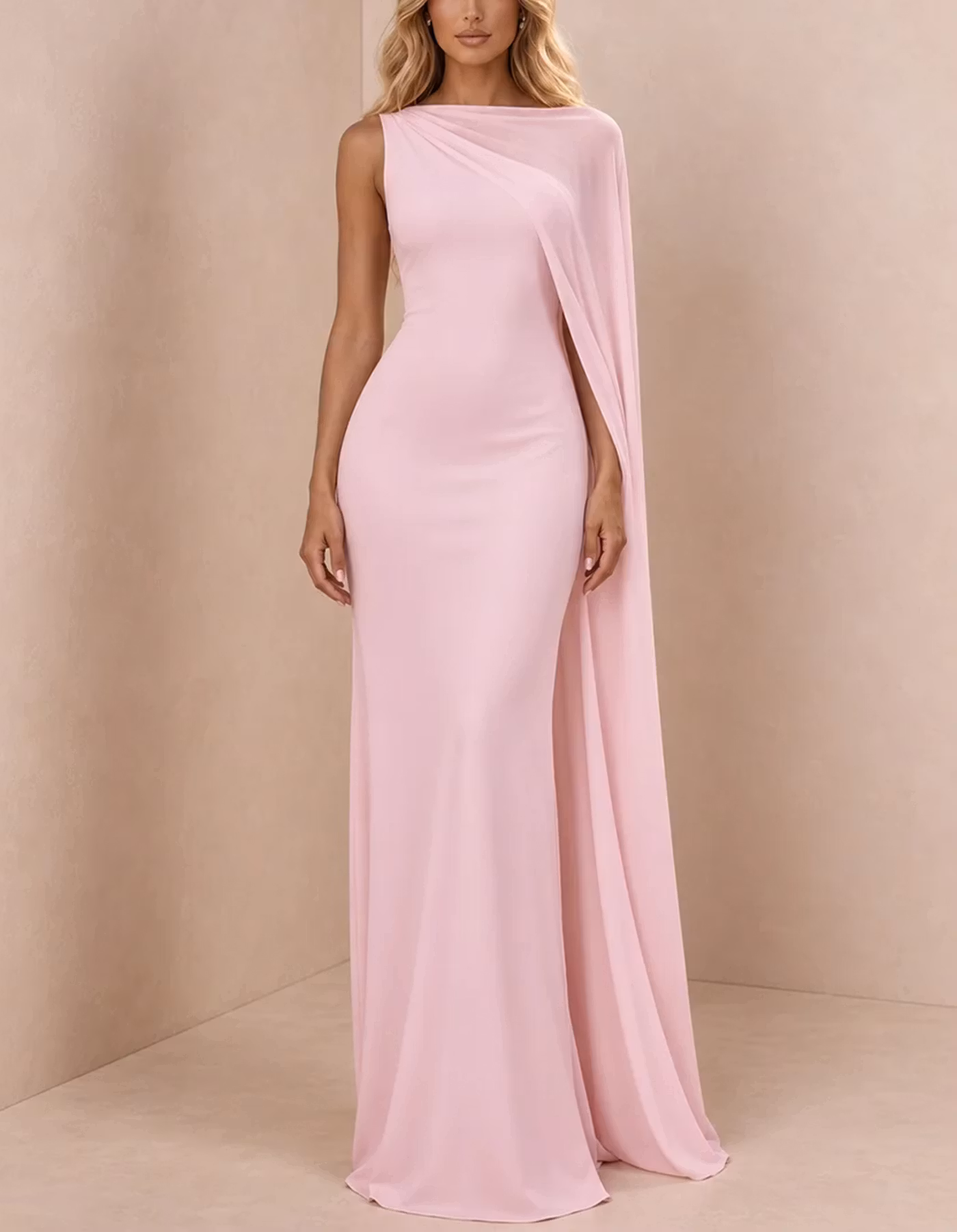 Chiffon Asymmetric One Side Long Cape Sheath Maxi Dress