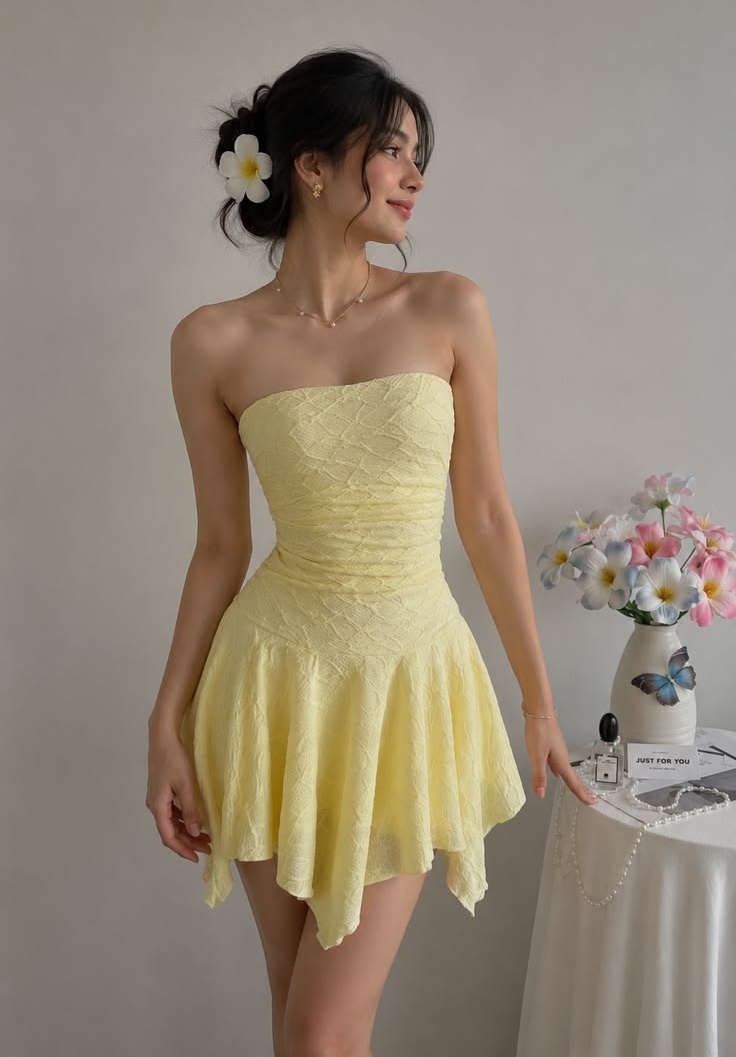 Yellow Textured Strapless Mini Dress Ruched Waist Asymmetric Flowy Skirt