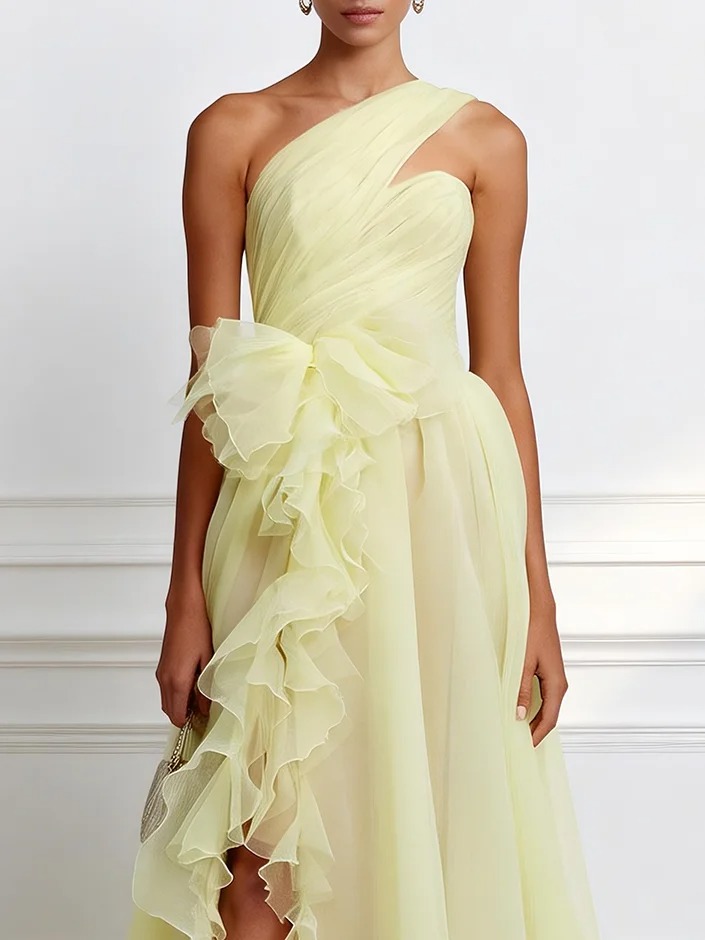 Light Yellow Ruffled Side-Slit Tulle One Shoulder Sleeveless A-Line Maxi Dress