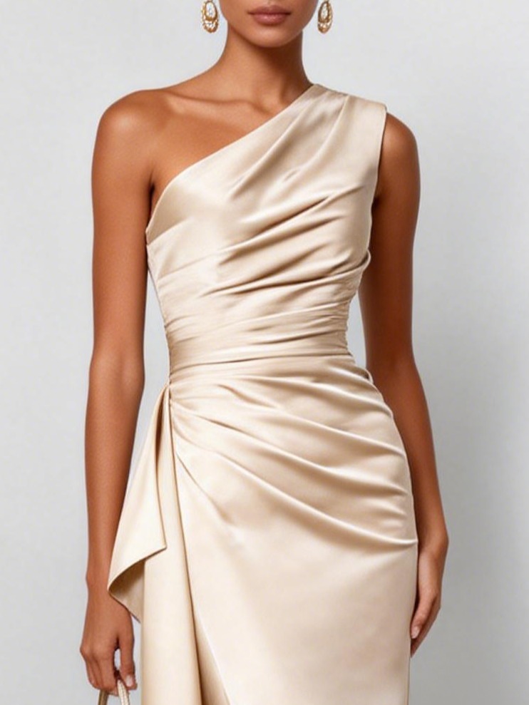Champagne Ruffled Ruched One Shoulder Sleeveless A-Line Maxi Dress