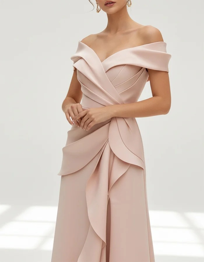 Pink Off-the-Shoulder Pleated Satin Maxi Dress