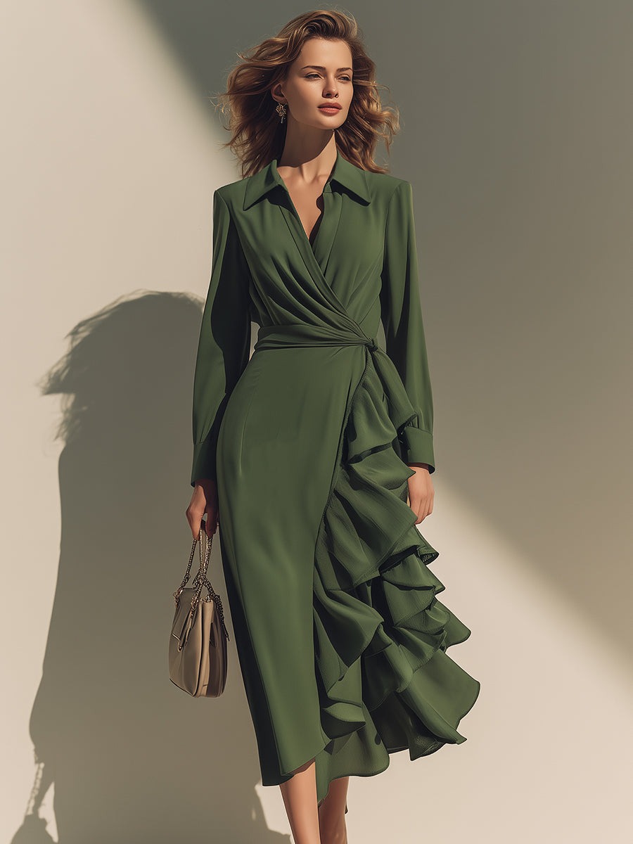 Olive Green Long-Sleeve Wrap Dress With Cascading Ruffle Detail