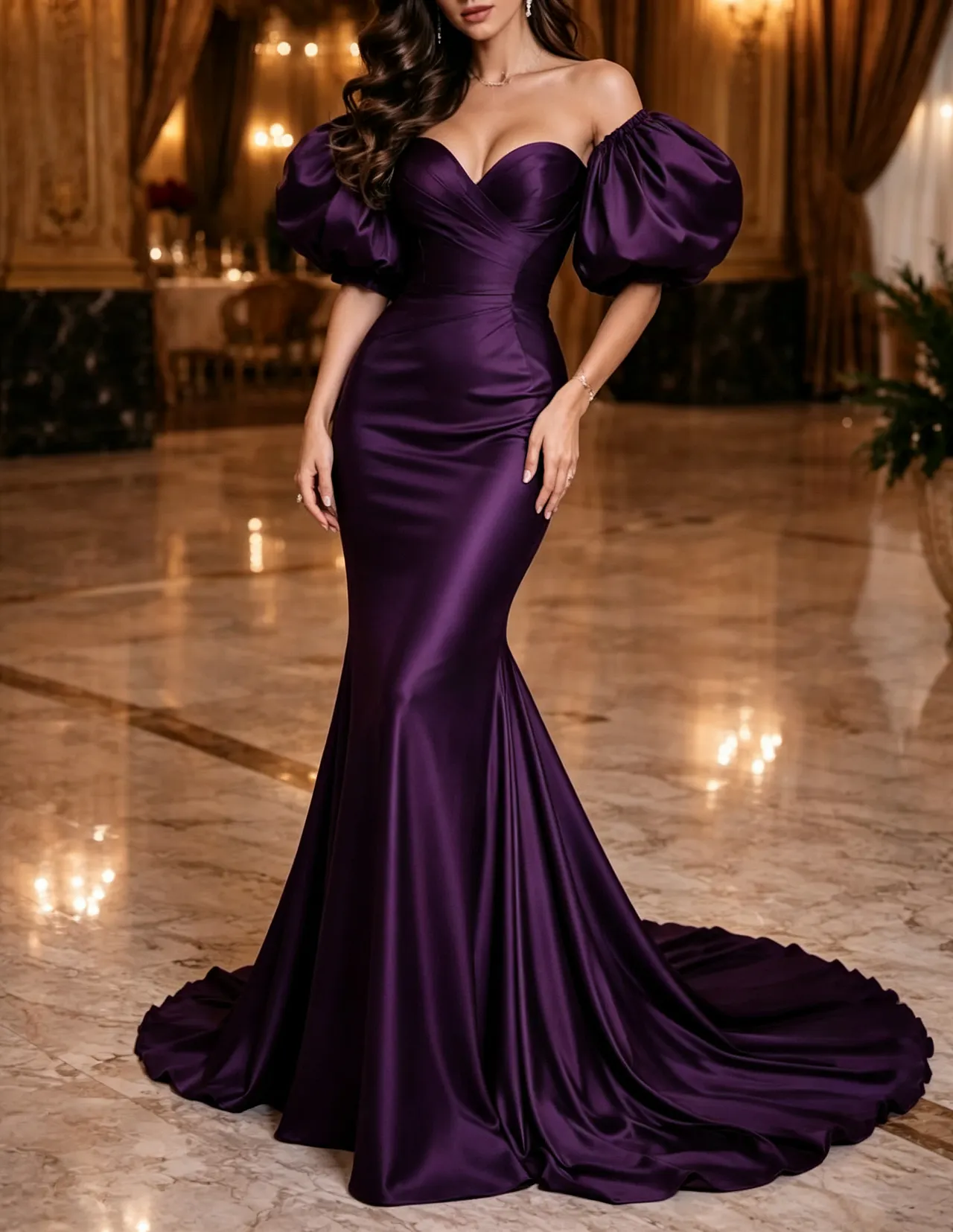 Off The Shoulder Satin Sweetheart Puff Short Sleeve Mermaid Evening Maxi Dress